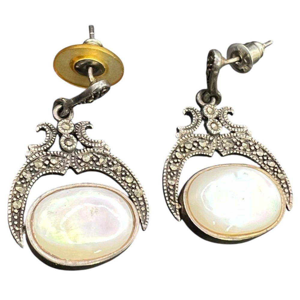 925 Sterling Silver Marcasite Reversible Black Onyx Mother of Pearl Earrings - Picture 4 of 8